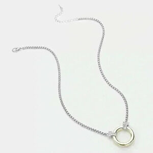 Two Tone w/Pave Crystal Circle Pendant Necklace